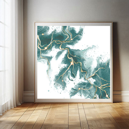 Abstract art print, spiritual wall art, mint green and gold, shown in mounted frame.