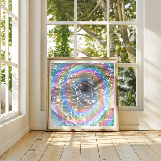 Spiritual wall art, floral wall art, meditation, rainbow, vibrant, square art print. - Ascension digital fine art.