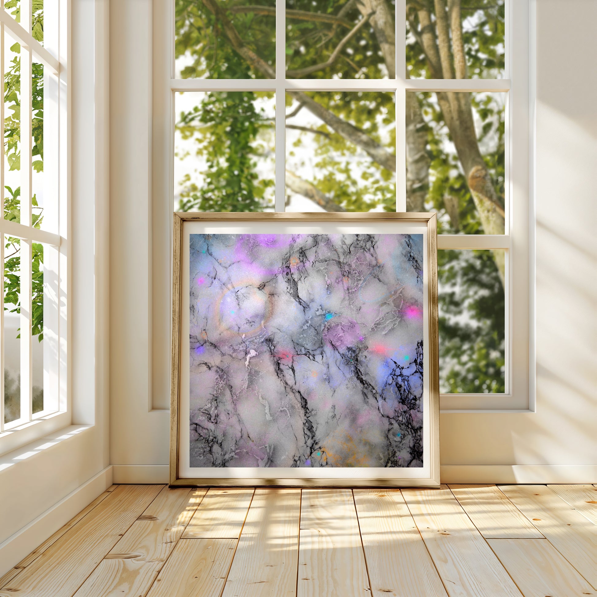 Geode agate wall art, spiritual art print, vibrant, marble texture, in mounted frame.