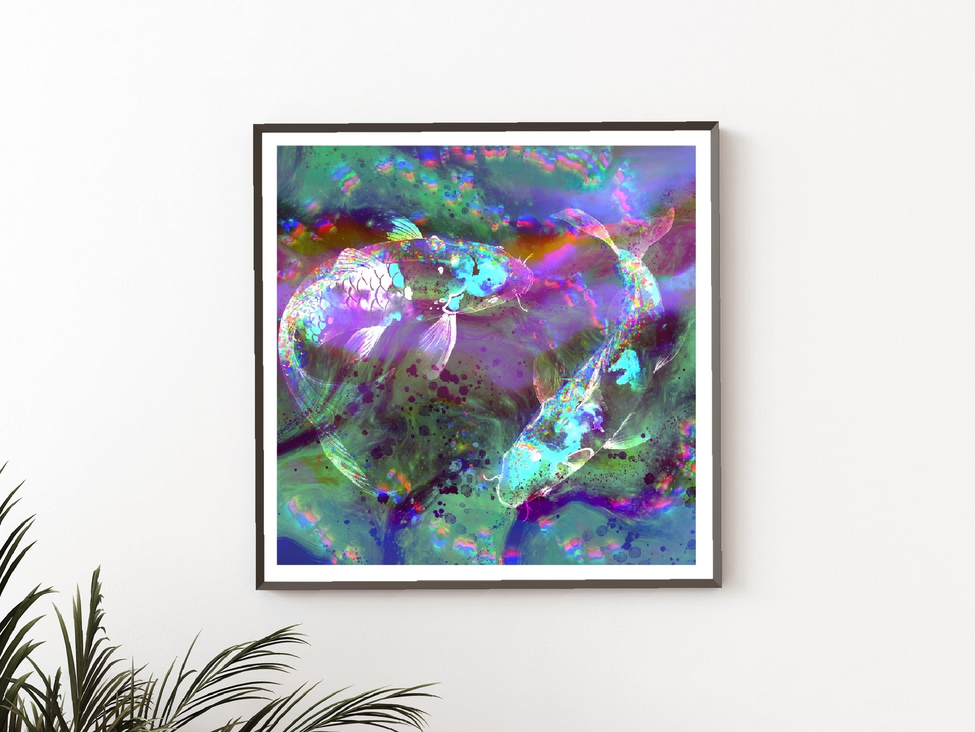 Koi fish wall art, Japanese art print, spiritual wall art, vibrant colours, square, displayed in frame.