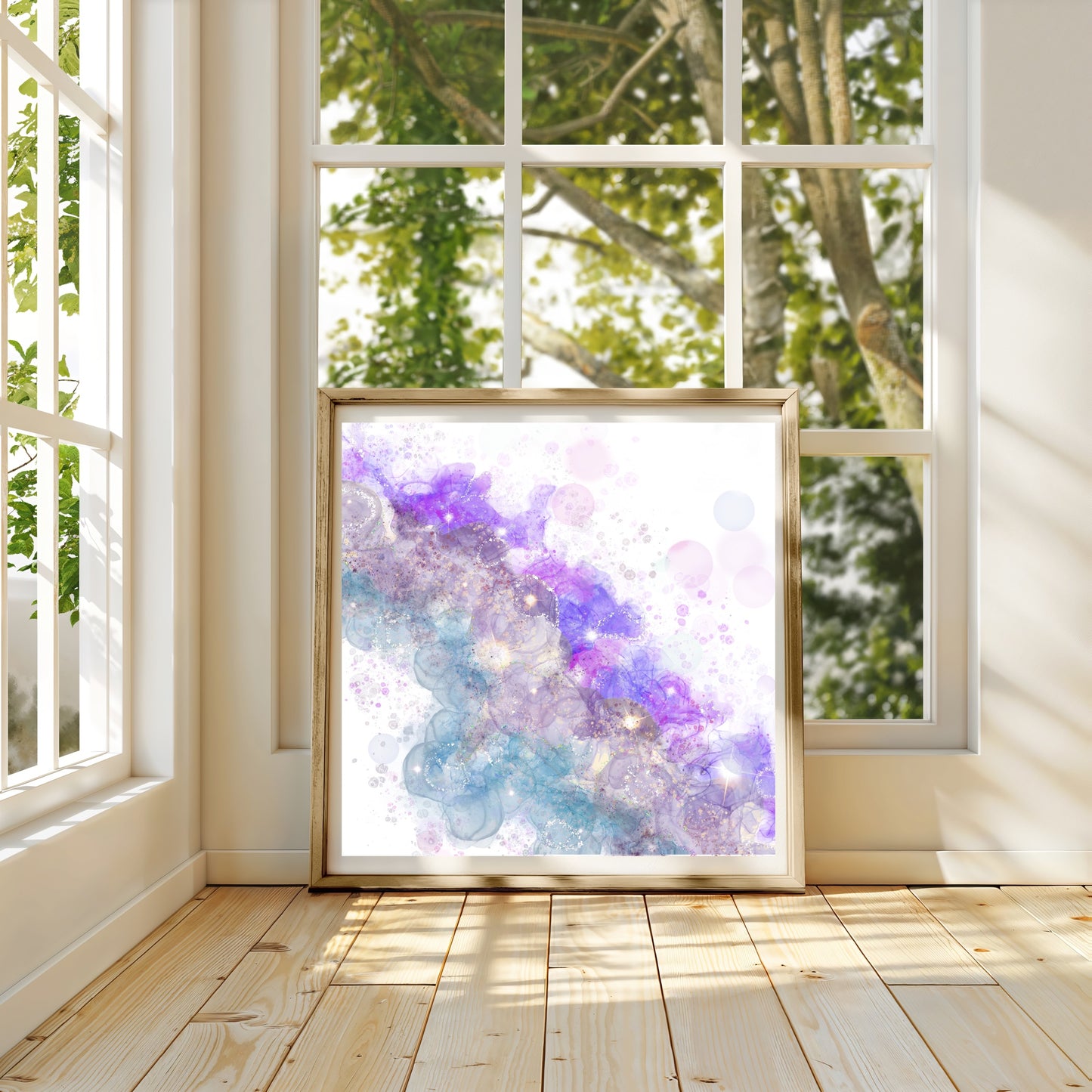 Abstract art print, spiritual wall art, purple white teal, square, shown in mounted frame.