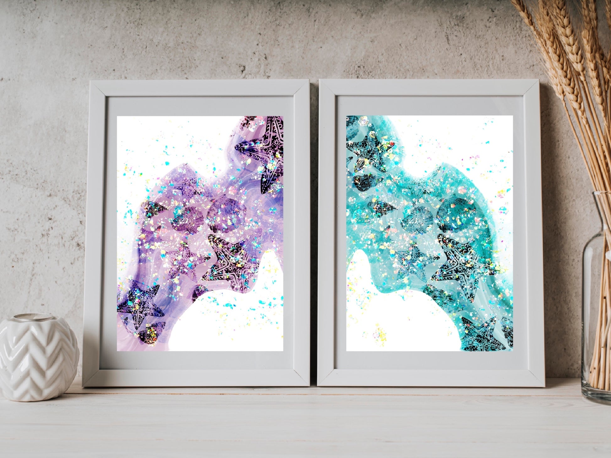 Coastal wall art, seashell art print, vibrant colours, spiritual wall art, set of 2, displayed in frame, ascension digital fine art.