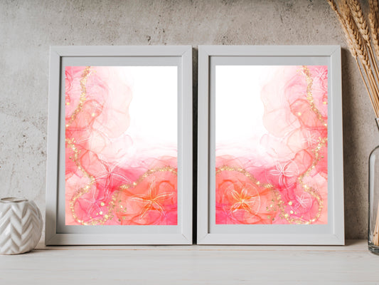 Coastal wall art, waves and seashell art print, vibrant colours, spiritual wall art, set of 2, displayed in frame, ascension digital fine art.