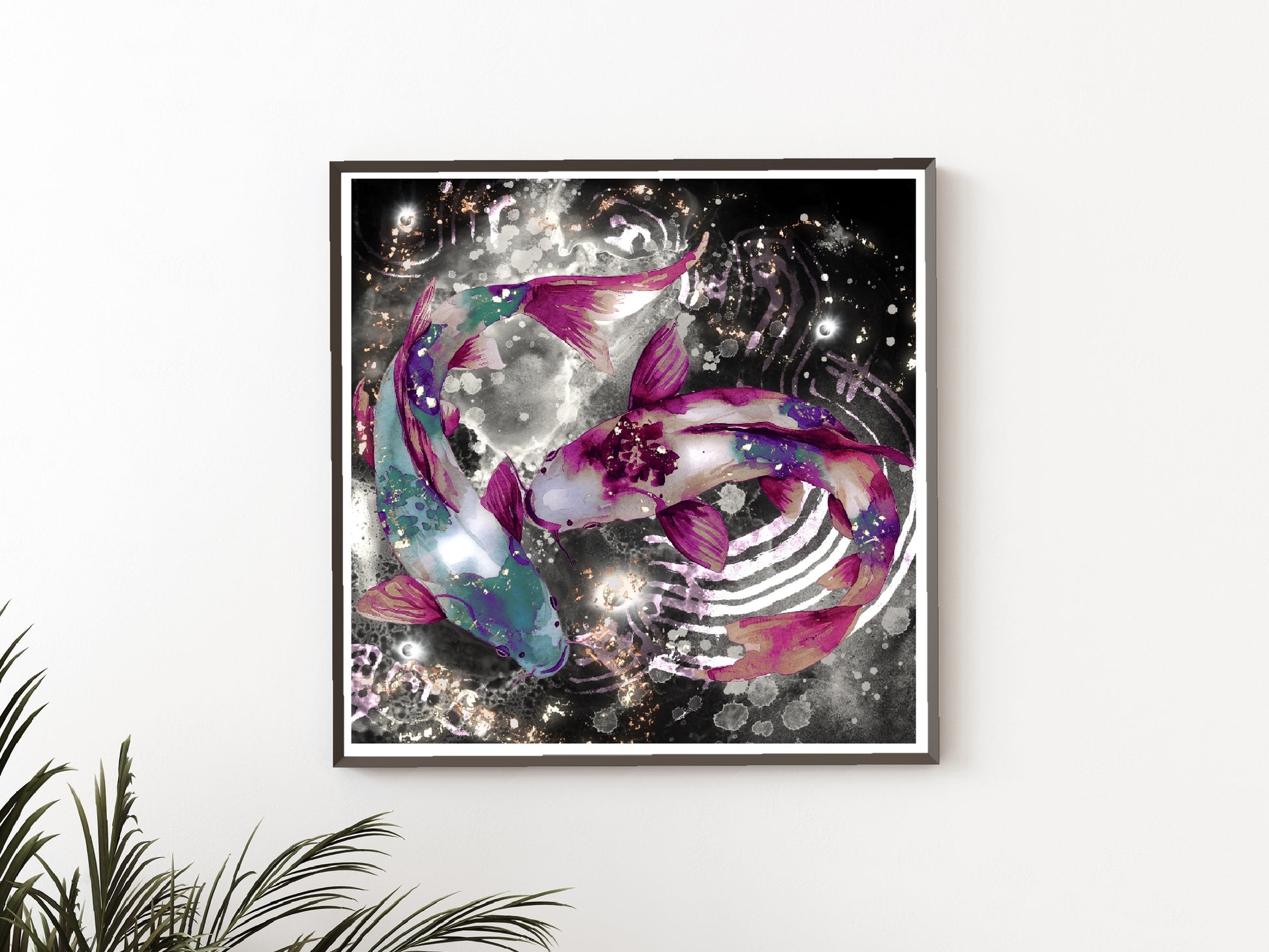 Koi fish wall art, Japanese art print, spiritual wall art, black pink, square, displayed in frame.