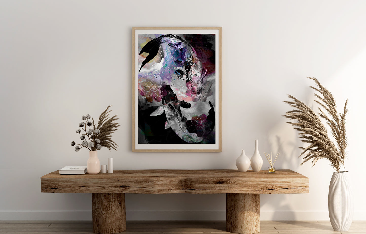 Koi fish wall art, Japanese art print, spiritual wall art, displayed in frame, ascension digital fine art.