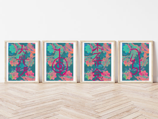 Reiki symbol wall art, Japanese art prints, spiritual wall art, vibrant,set of 4,displayed in frames, Ascension digital fine art.