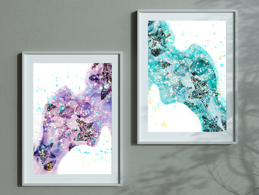 Coastal wall art, seashell art print, vibrant colours, spiritual wall art, set of 2, displayed in frame, ascension digital fine art.