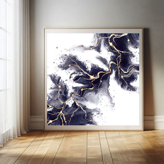 Abstract art print, spiritual wall art, navy and gold, displayed in a mounted frame.