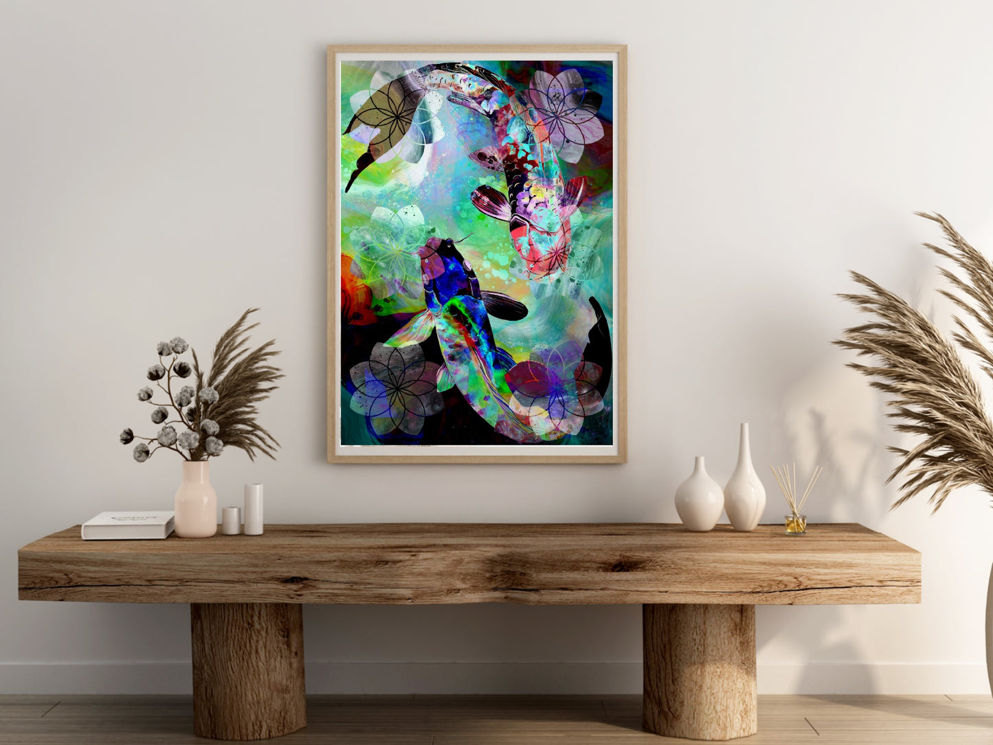 Koi fish wall art, Japanese art print, green, spiritual wall art, displayed in frame, ascension digital fine art.