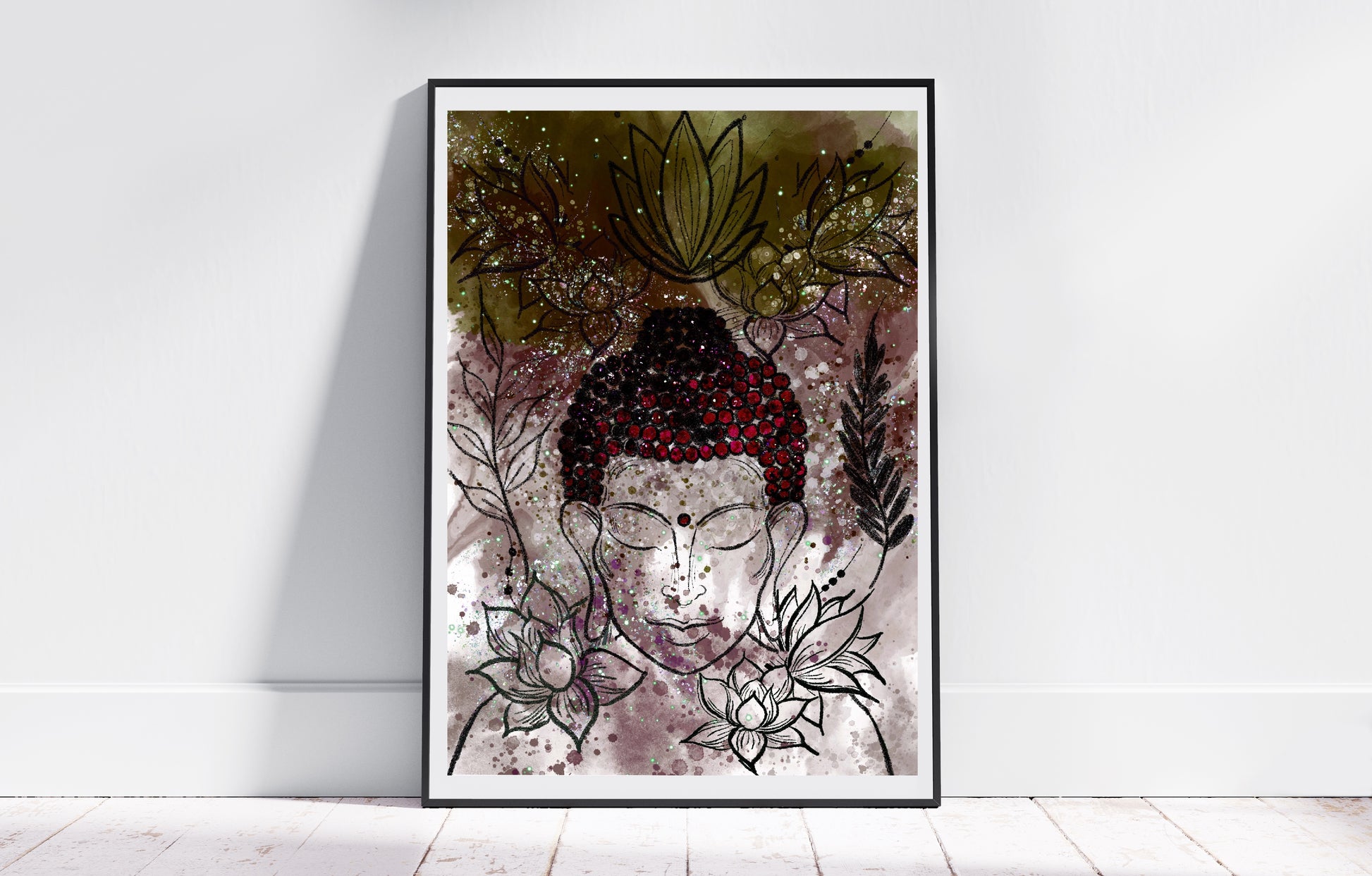 Buddha wall art, buddha meditating, spiritual art print, red and green, Ascension digital fine art.