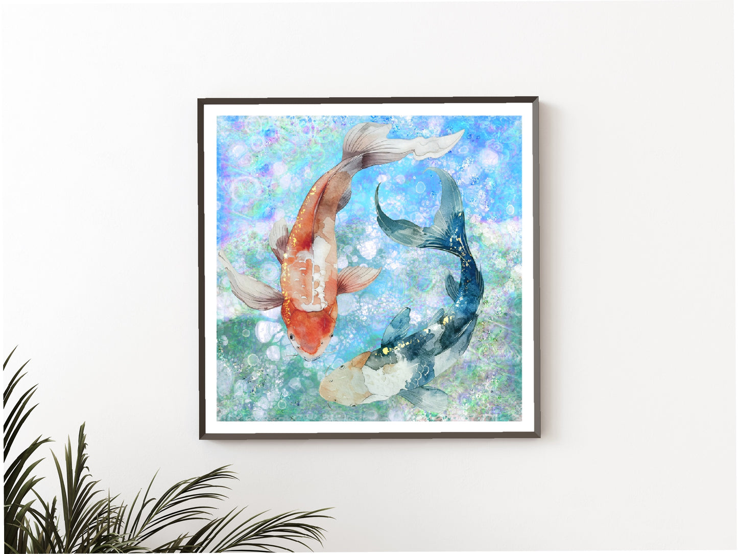 Koi fish wall art, Japanese art print, spiritual wall art, square, displayed in frame.