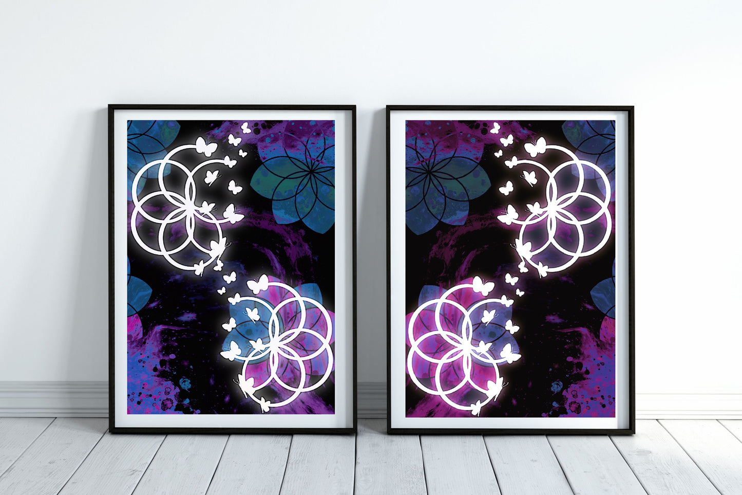 Sacred geometry wall art, seed of life wall art, butterfly, spiritual art work, meditation art print, vibrant, set of 2 prints. Displayed in frames. - Ascension digital fine art.