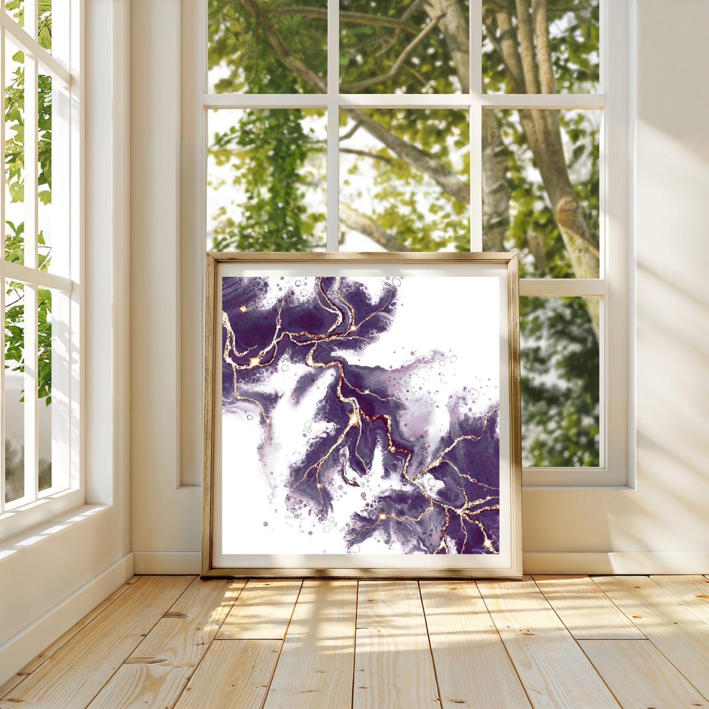 Abstract art print, spiritual wall art, purple and gold, shown in mounted frame.