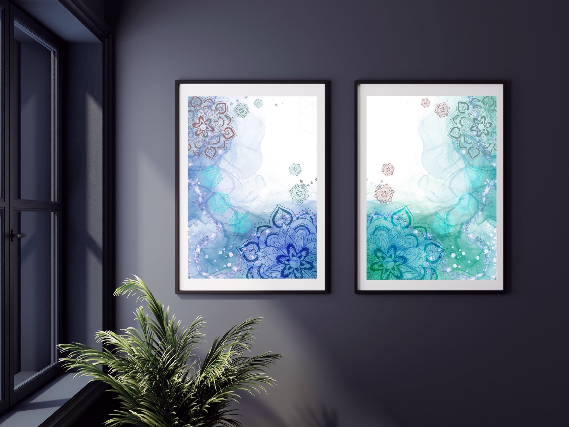 Mandala wall art, meditation wall art, spiritual art work, meditation art print, vibrant lye and green, set of 2 prints. Displayed in frames. - Ascension digital fine art.