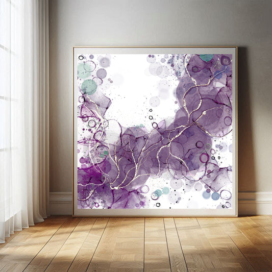 Abstract art print, spiritual wall art, purple and teal with gold, shown in mounted frame.