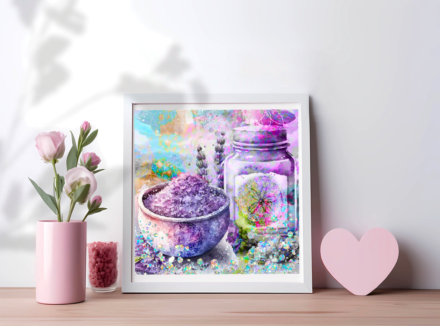 Meditation art print, spiritual wall art, lavender, apothecary, oil, salts, crystals, purple and blue, embellished framed art print.