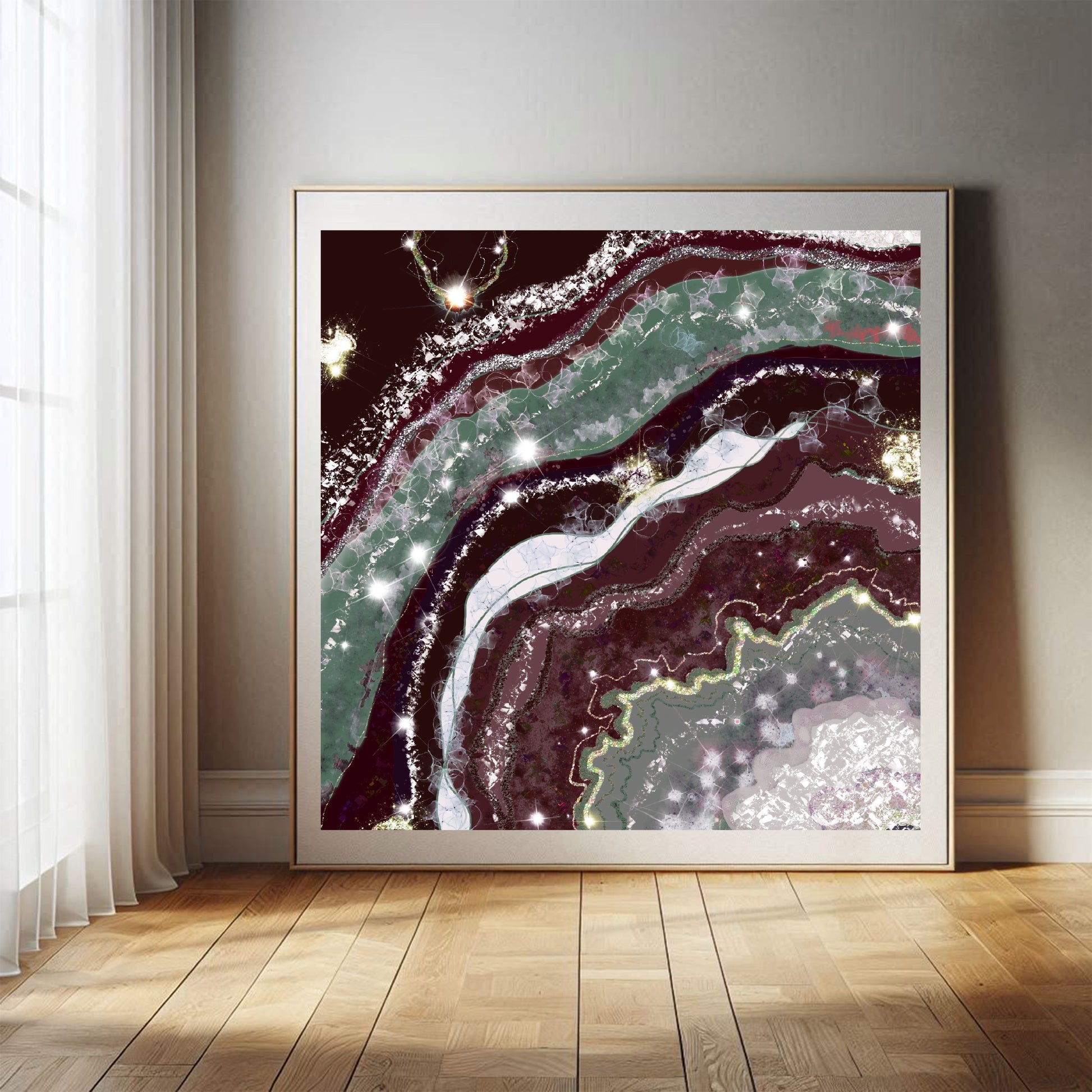 Geode agate wall art, spiritual art print, red and green, displayed in mounted frame.