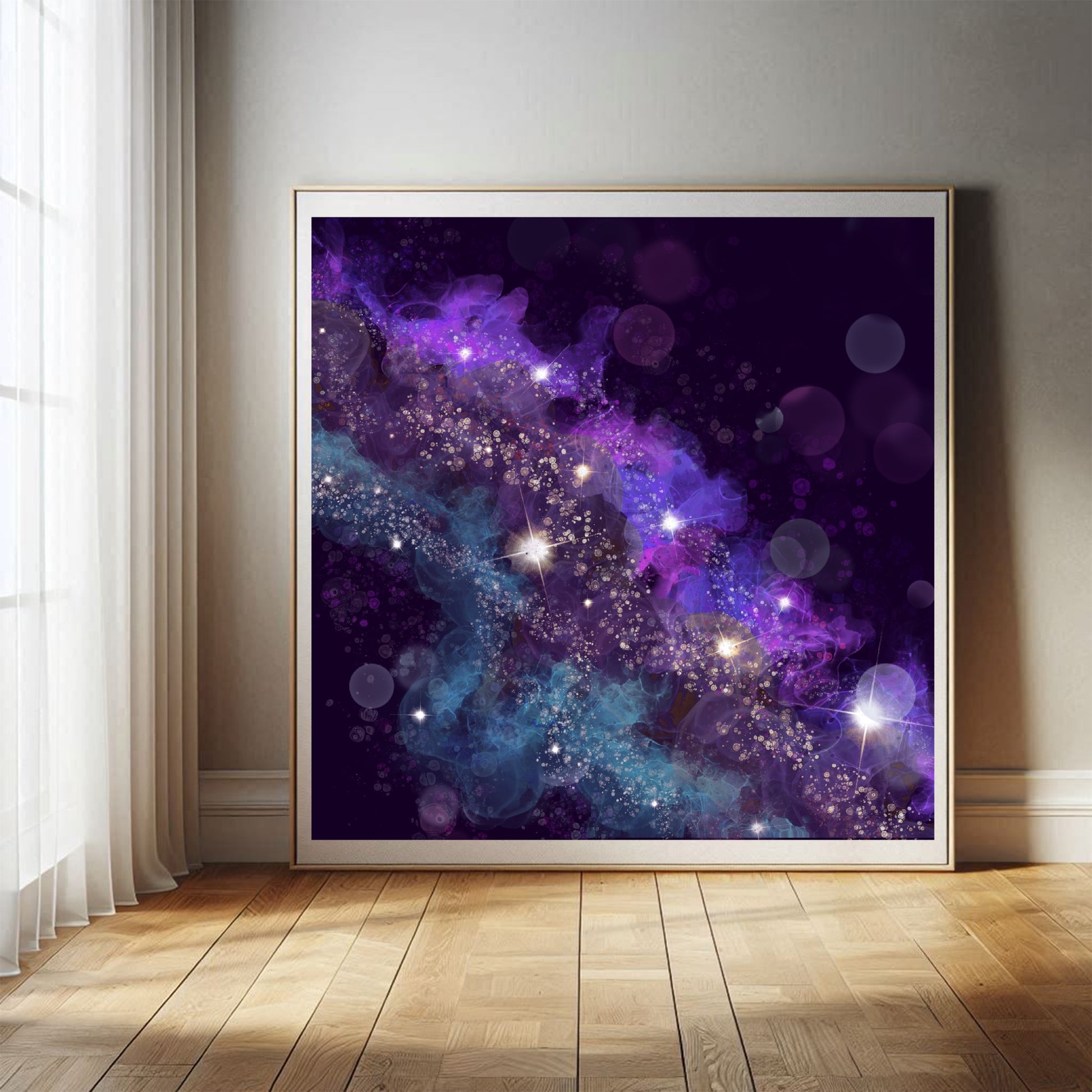 Abstract art print, spiritual wall art, purple teal, square, shown in mounted frame.