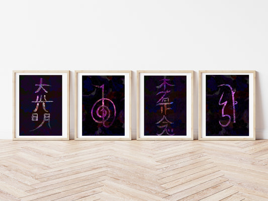 Reiki symbol wall art, Japanese art prints, spiritual wall art, vibrant,set of 4,displayed in frames, Ascension digital fine art.