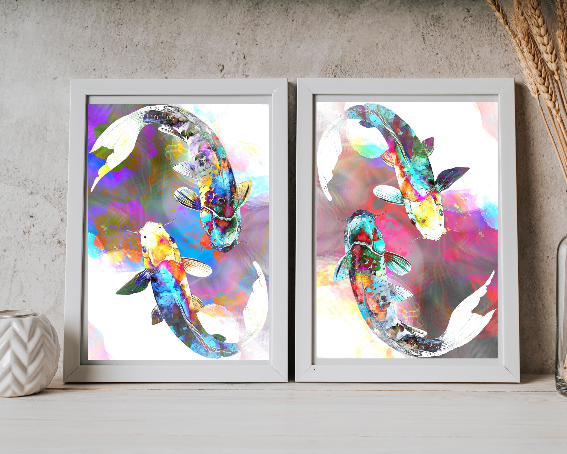 Koi fish wall art, Japanese art print, vibrant colours, spiritual wall art, set of 2, displayed in frame, ascension digital fine art.