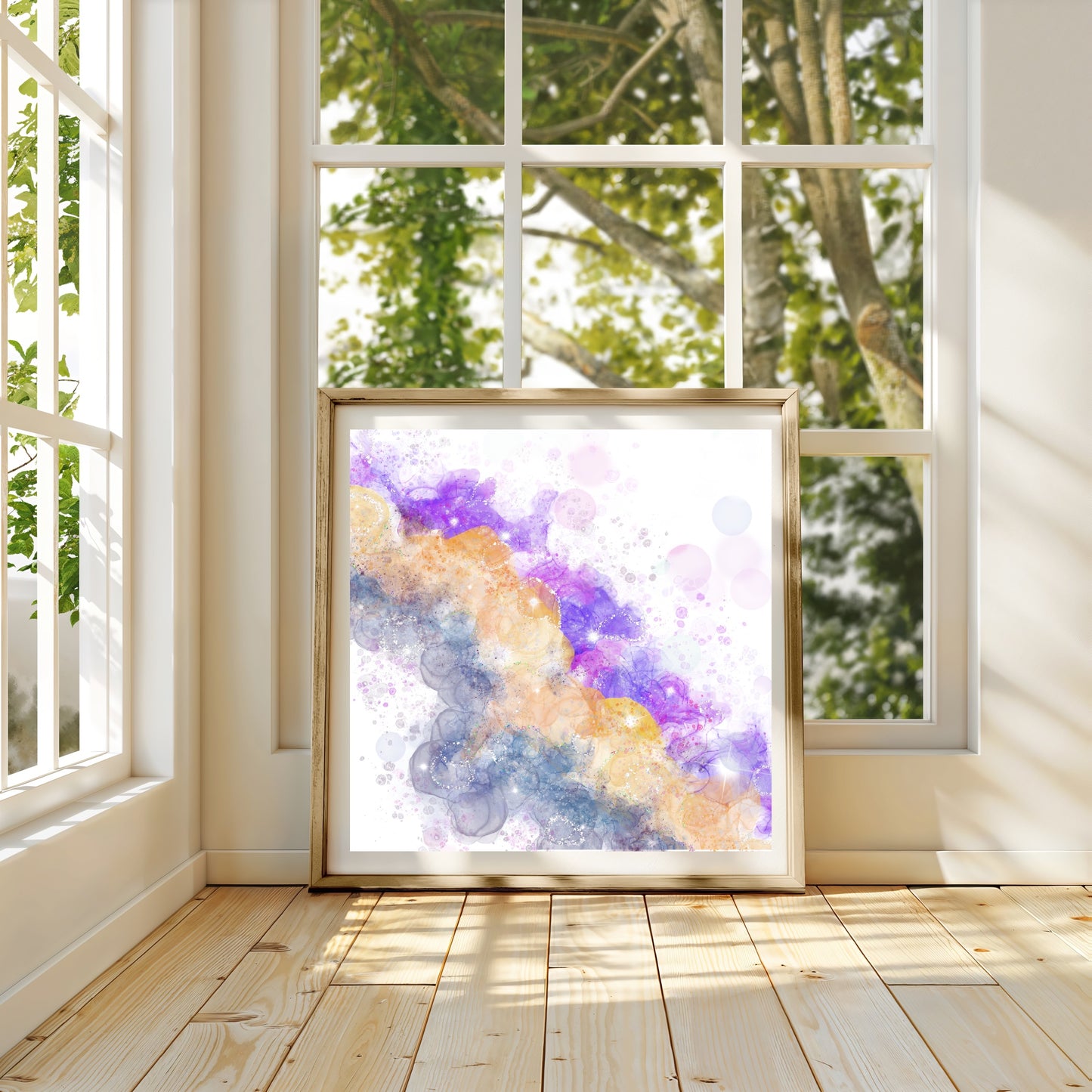 Abstract art print, spiritual wall art, purple yellow, square, shown in mounted frame.