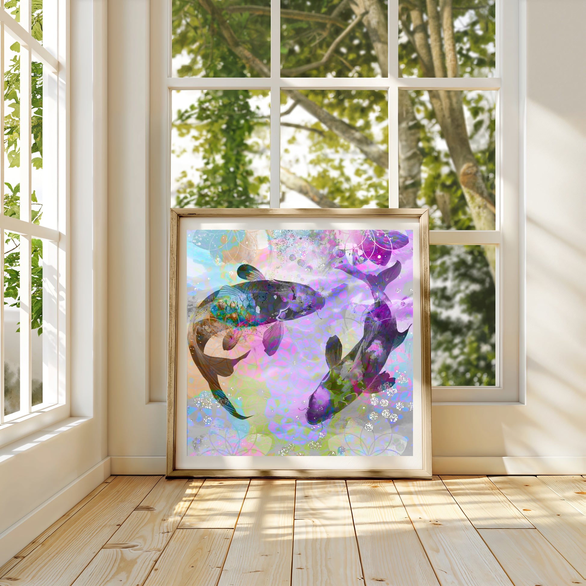 Koi fish wall art, Japanese art print, spiritual wall art, vibrant colours, square, displayed in frame.