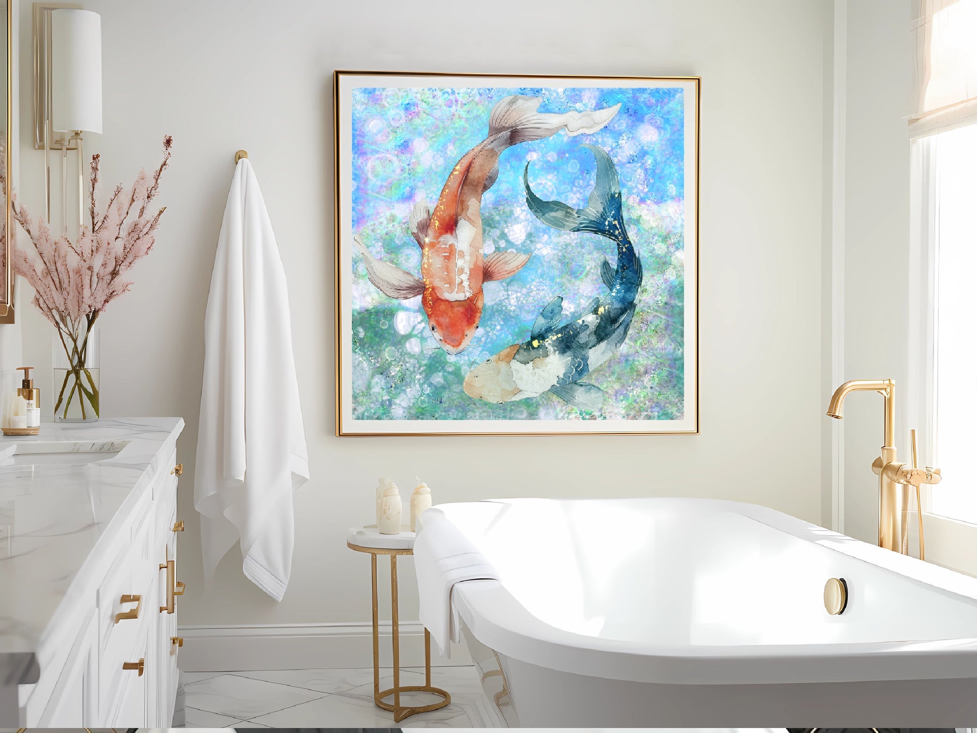 Koi fish wall art, Japanese art print, spiritual wall art, square, displayed in frame, ascension digital fine art.