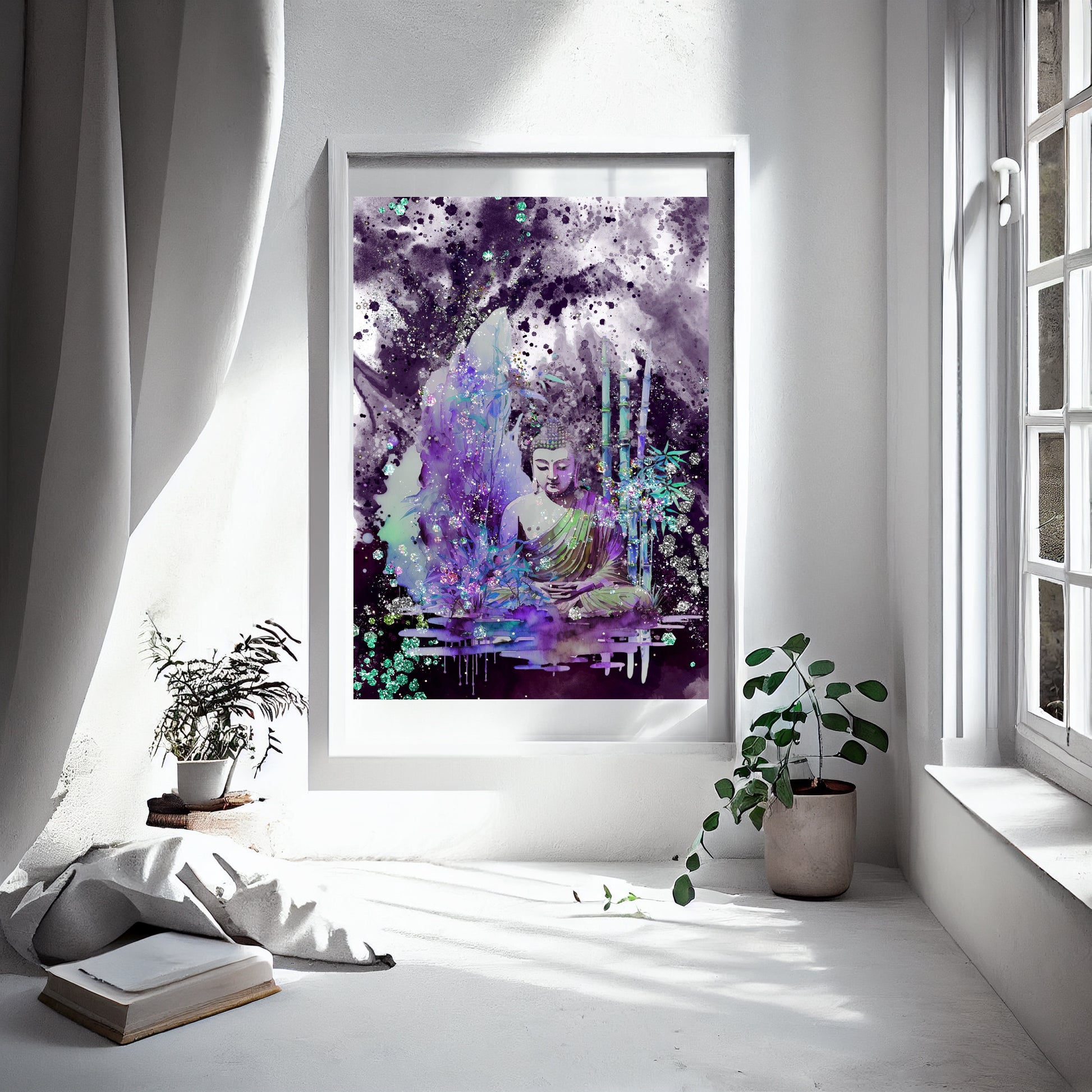 Buddha wall art, buddha meditating, spiritual art print, purple and green, Ascension digital fine art.