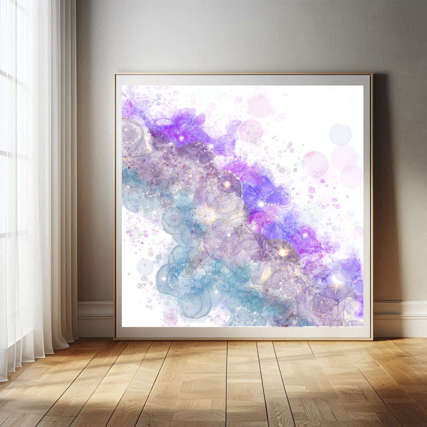 Abstract art print, spiritual wall art, purple white teal, square, shown in mounted frame.