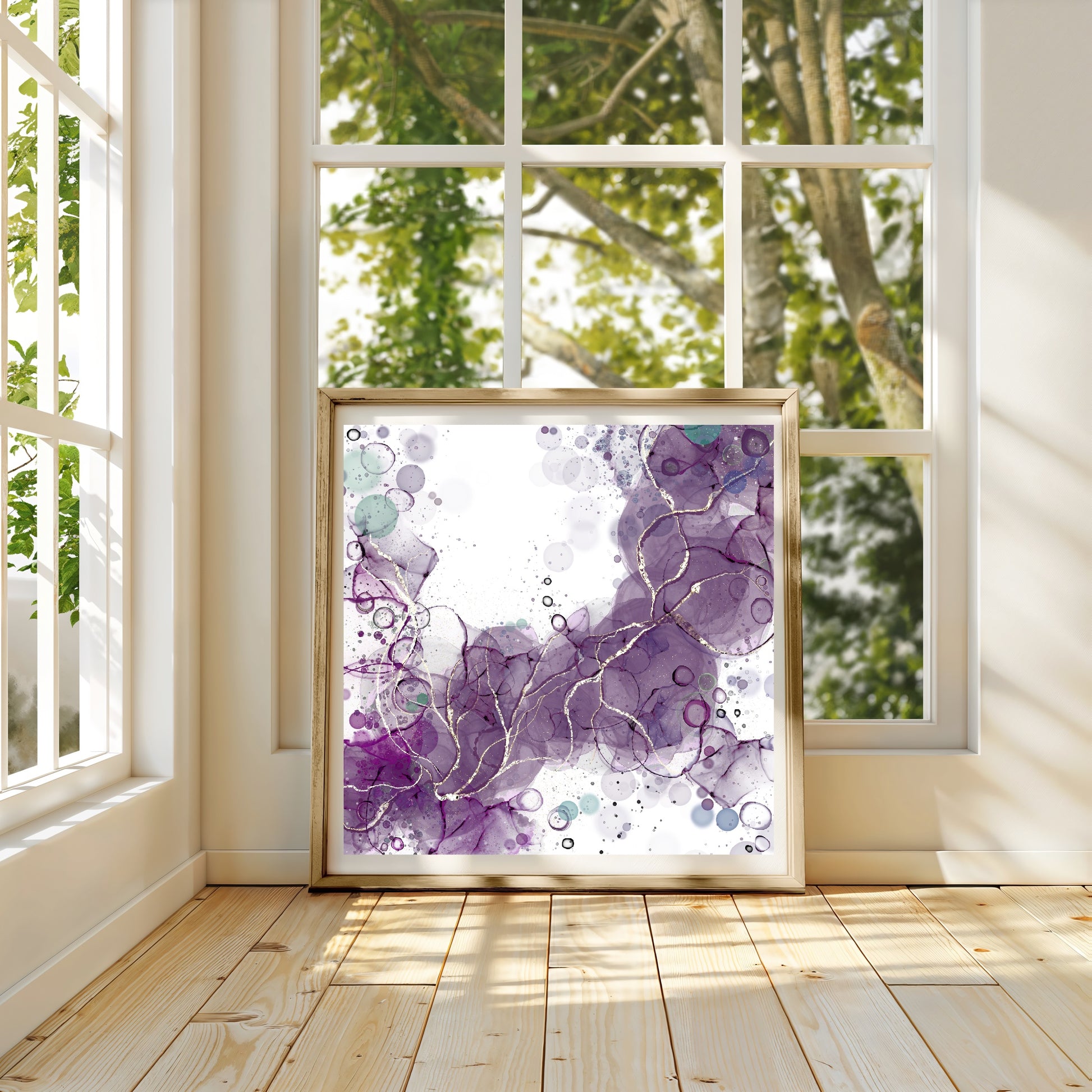 Abstract art print, spiritual wall art, purple and teal with gold, shown in mounted frame.