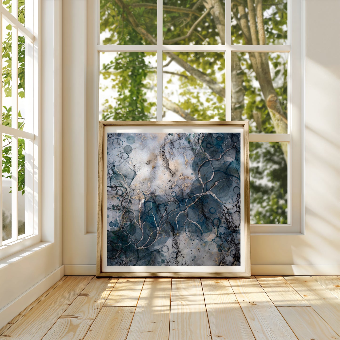 Geode agate wall art, spiritual art print, teal, in mounted frame.