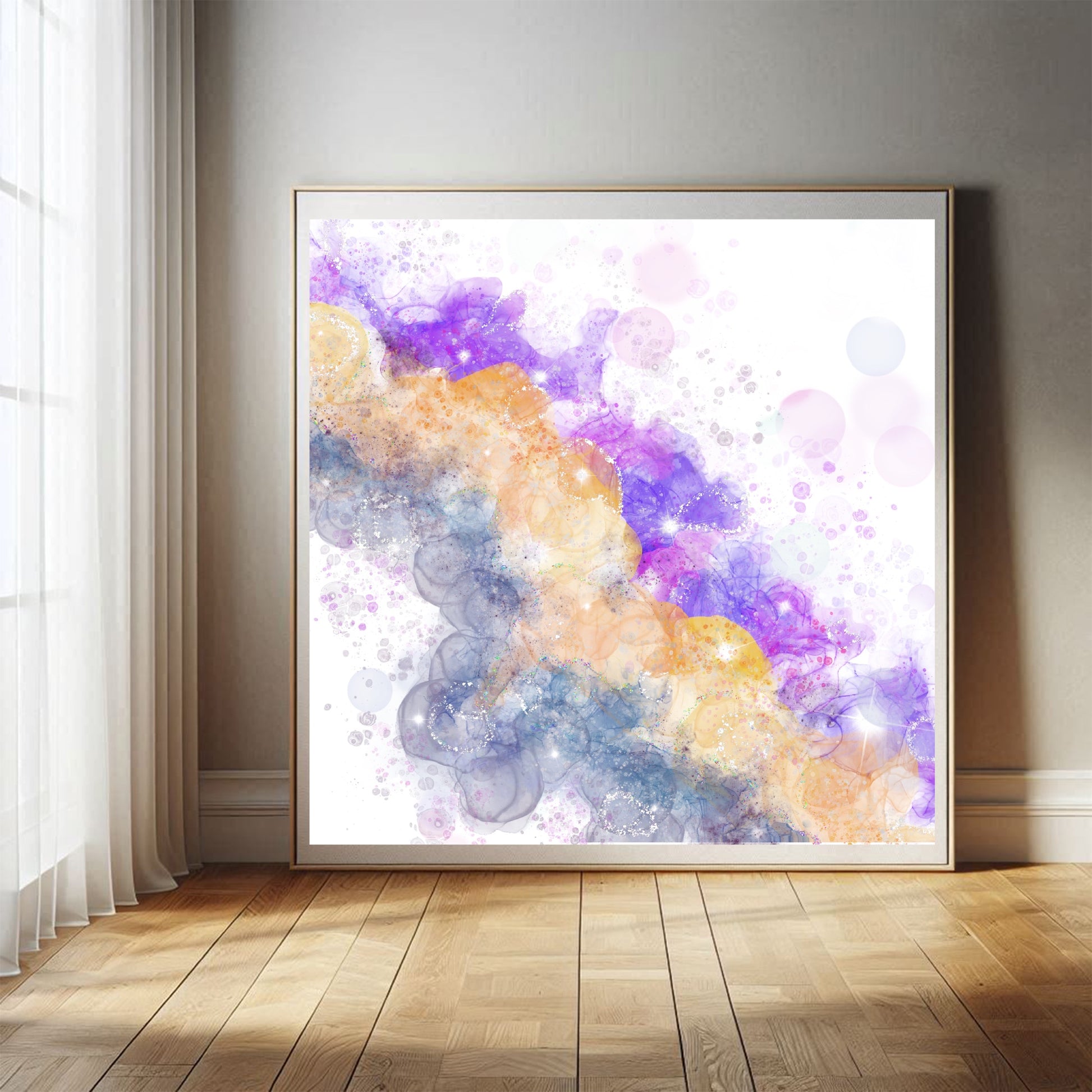 Abstract art print, spiritual wall art, purple yellow, square, shown in mounted frame.