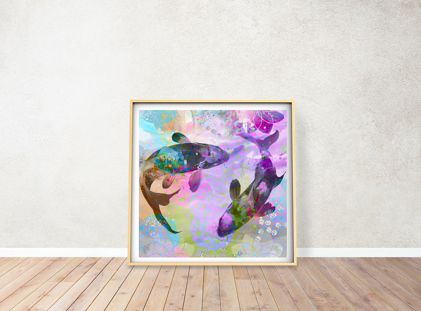 Koi fish wall art, Japanese art print, spiritual wall art, vibrant colours, square, displayed in frame.