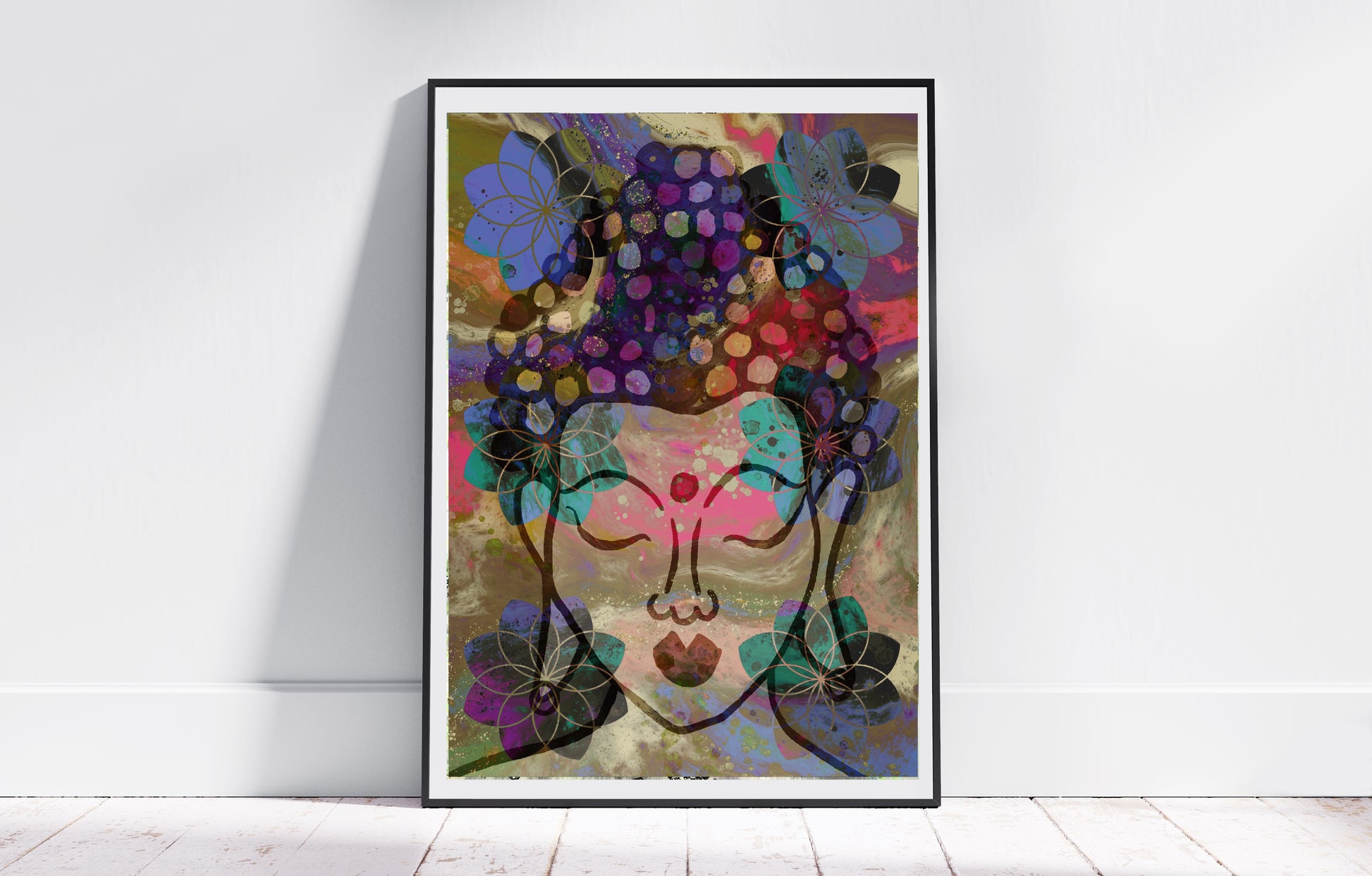 Spiritual buddha art, vibrant, art print displayed in frame.