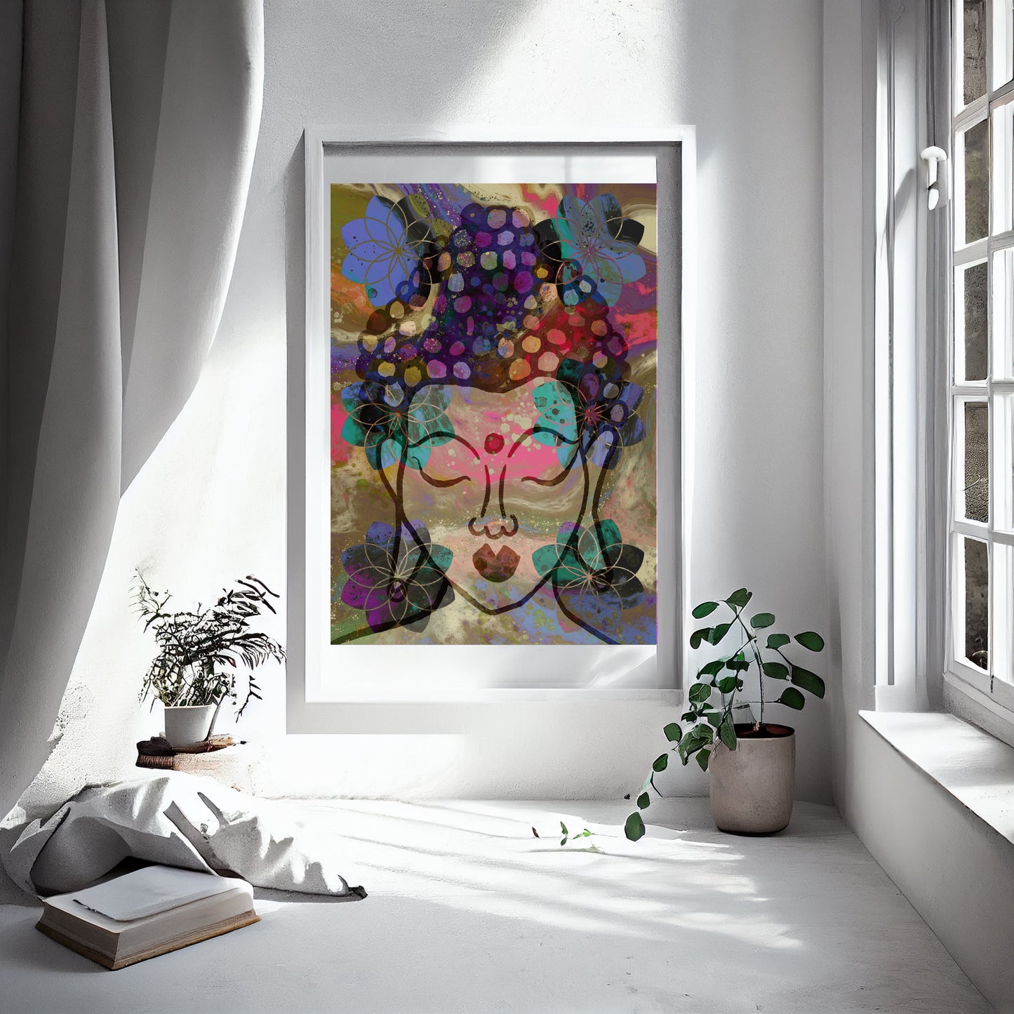 Spiritual buddha art, vibrant, art print displayed in frame inside meditative environment.