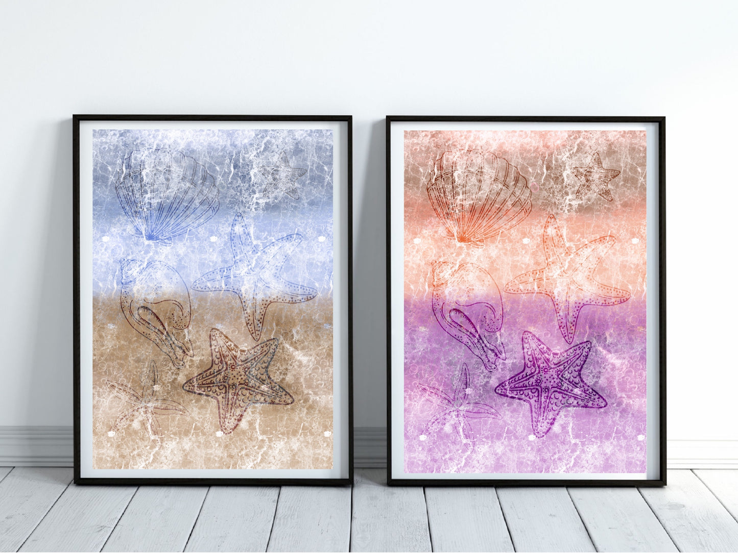 Coastal wall art, seashell art print, vibrant colours, spiritual wall art, set of 2, displayed in frame, ascension digital fine art.