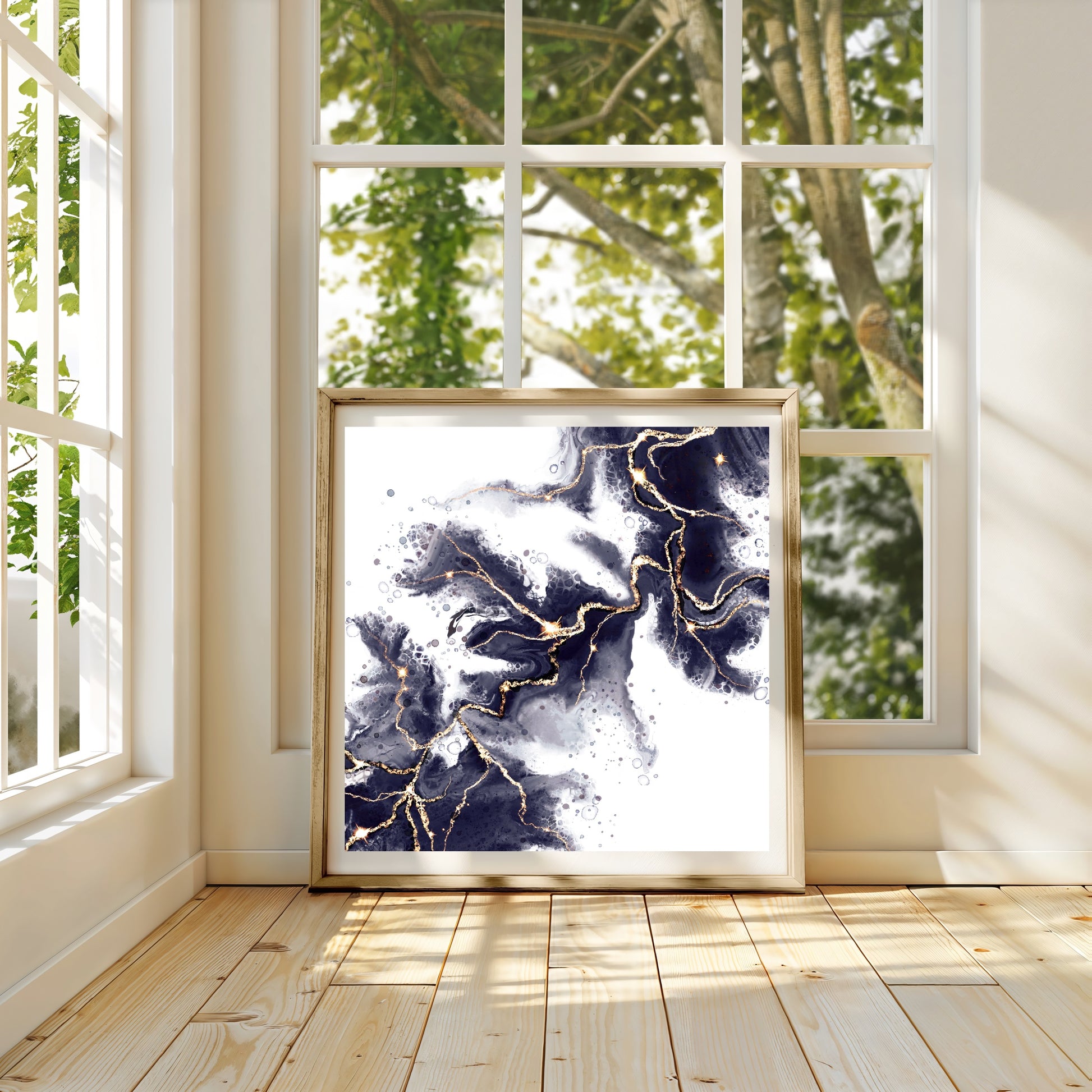 Abstract art print, spiritual wall art, navy and gold, shown in mounted frame.