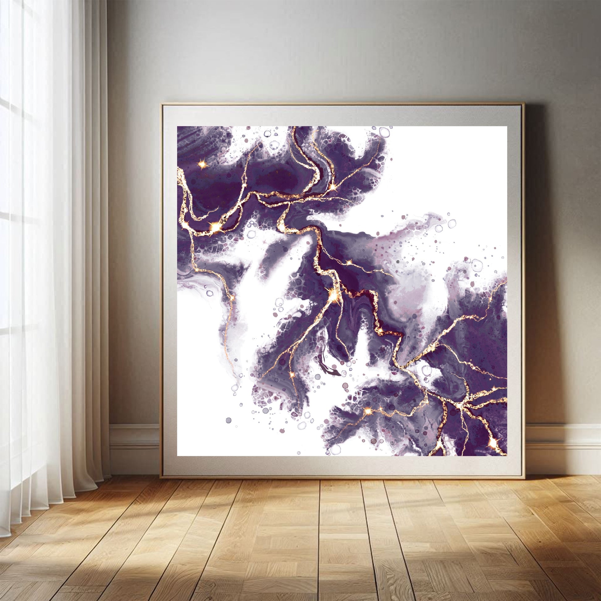 Abstract art print, spiritual wall art, purple and gold, shown in mounted frame.