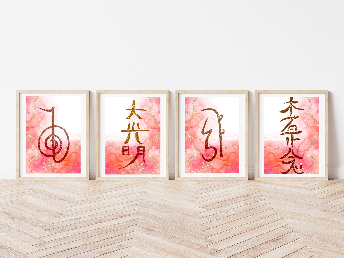 Reiki symbol wall art, Japanese art prints, spiritual wall art, vibrant,set of 4,displayed in frames, Ascension digital fine art.