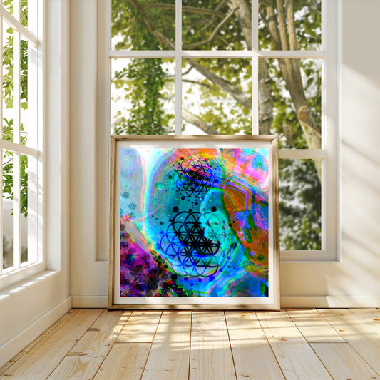 Sacred geometry wall art, seed of life wall art, spiritual art work, meditation focal art print, vibrant, Displayed in frame. - Ascension digital fine art.