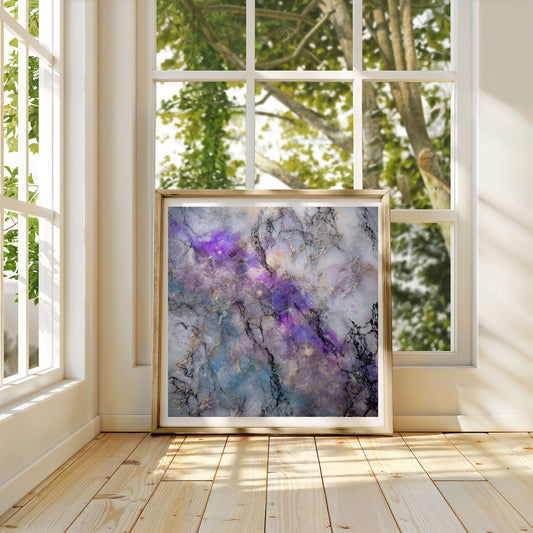 Geode agate wall art, spiritual art print, teal grey purple, in mounted frame.