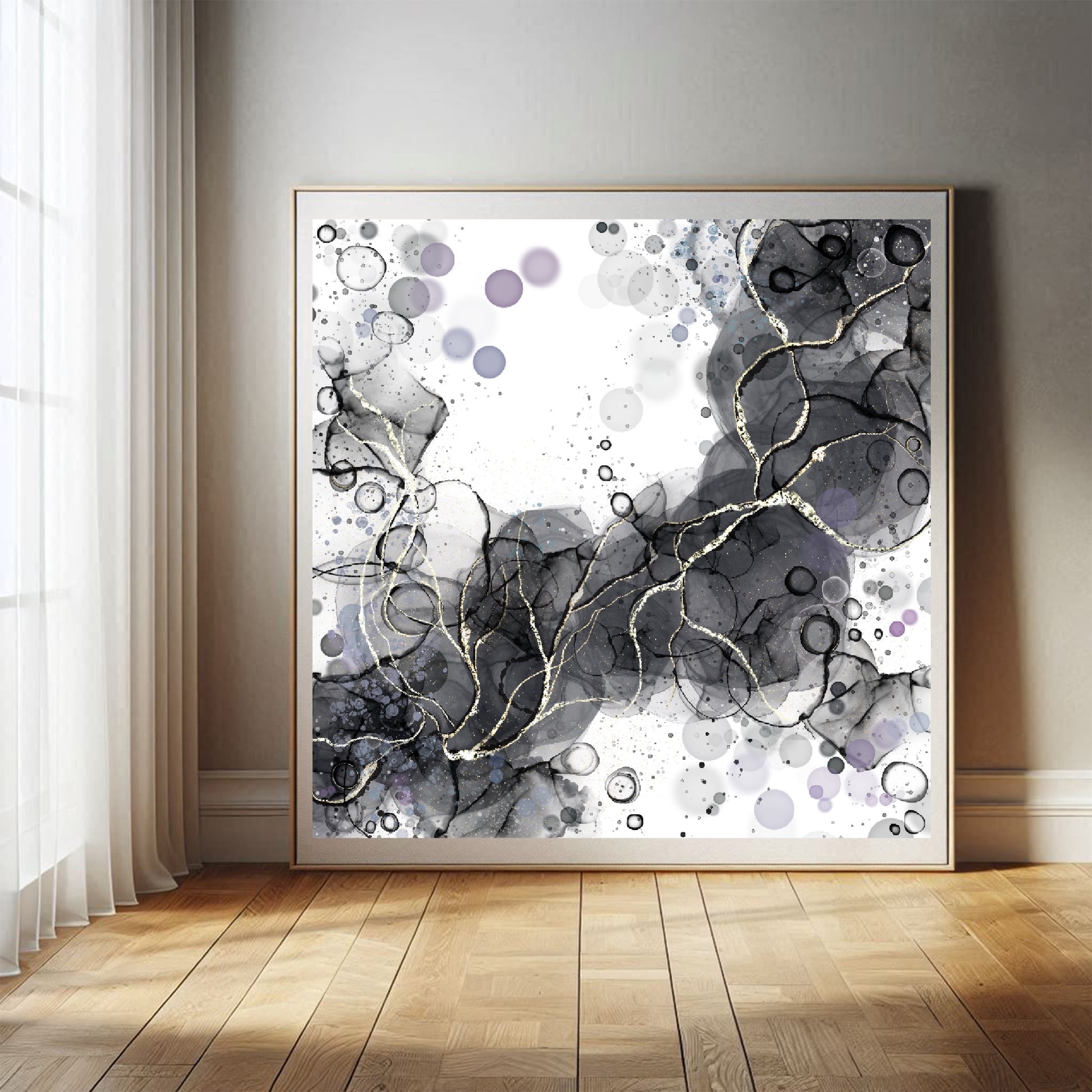 Abstract art print, spiritual wall art, black and gold, shown in mounted frame.