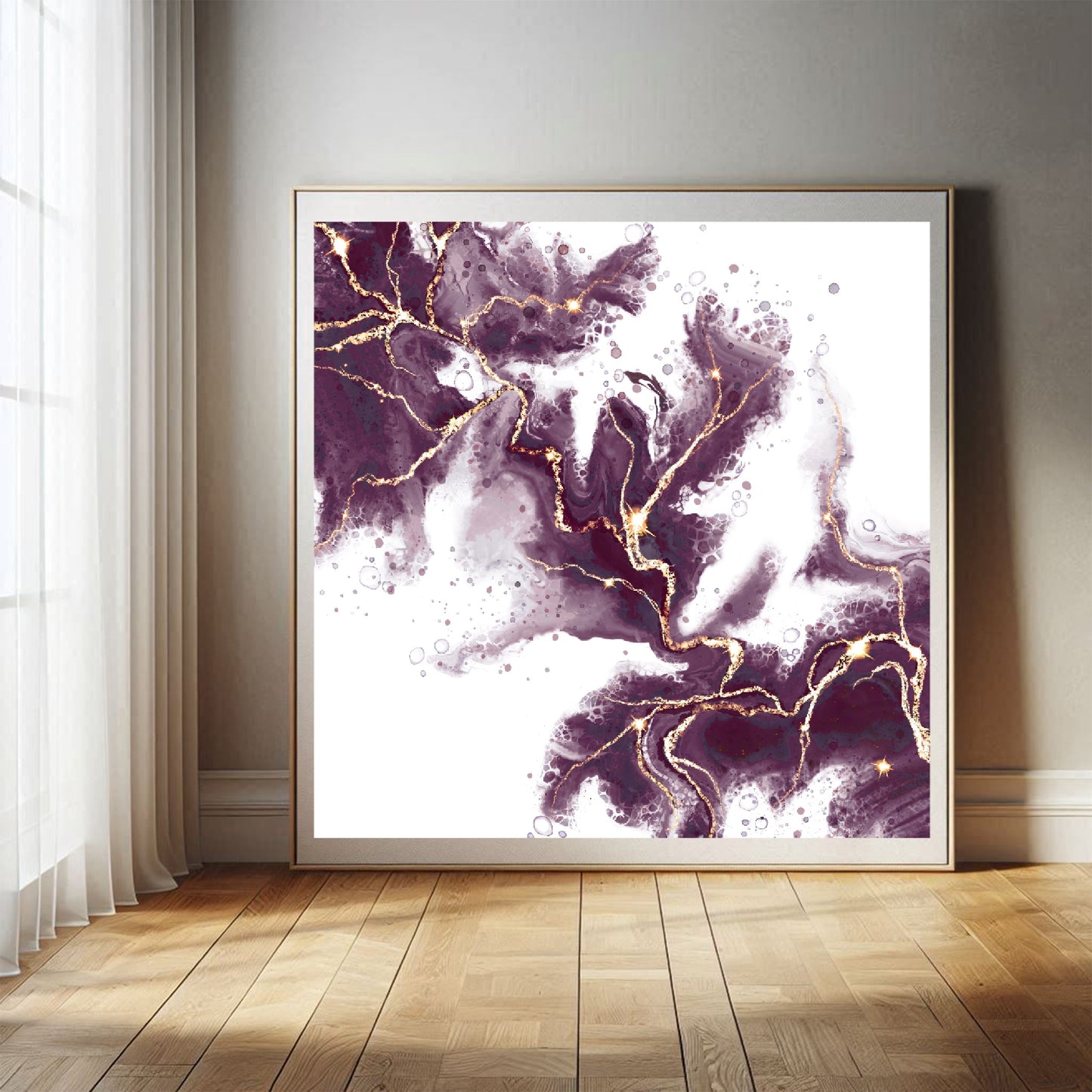 Abstract art print, spiritual wall art, burgundy and gold, shown in mounted frame.