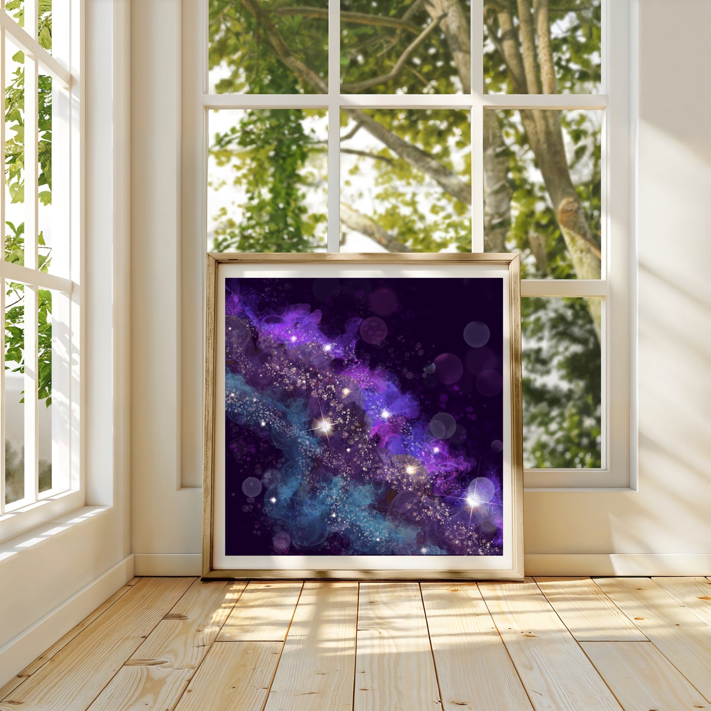 Abstract art print, spiritual wall art, purple teal, square, shown in mounted frame.