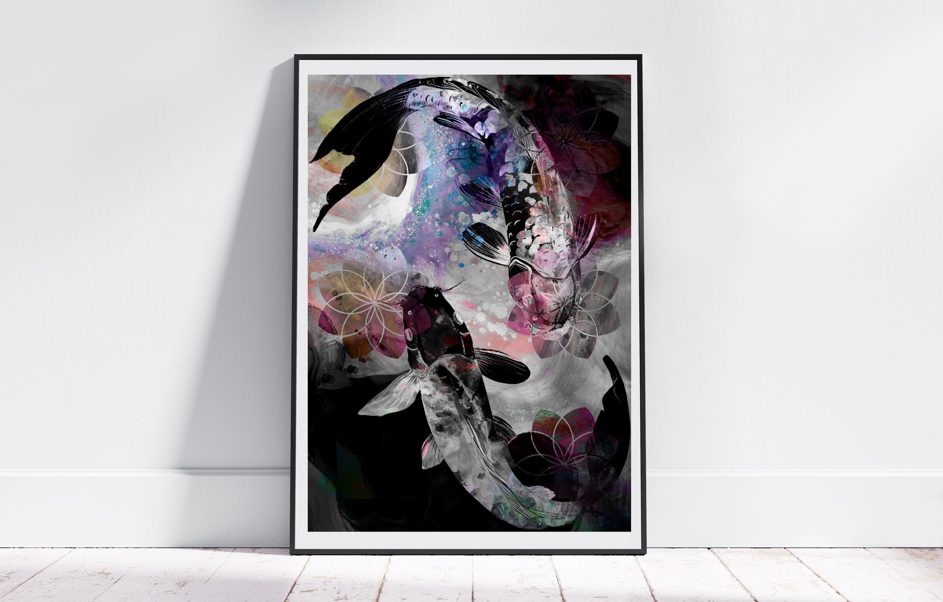 Koi fish wall art, Japanese art print, spiritual wall art, displayed in frame, ascension digital fine art.