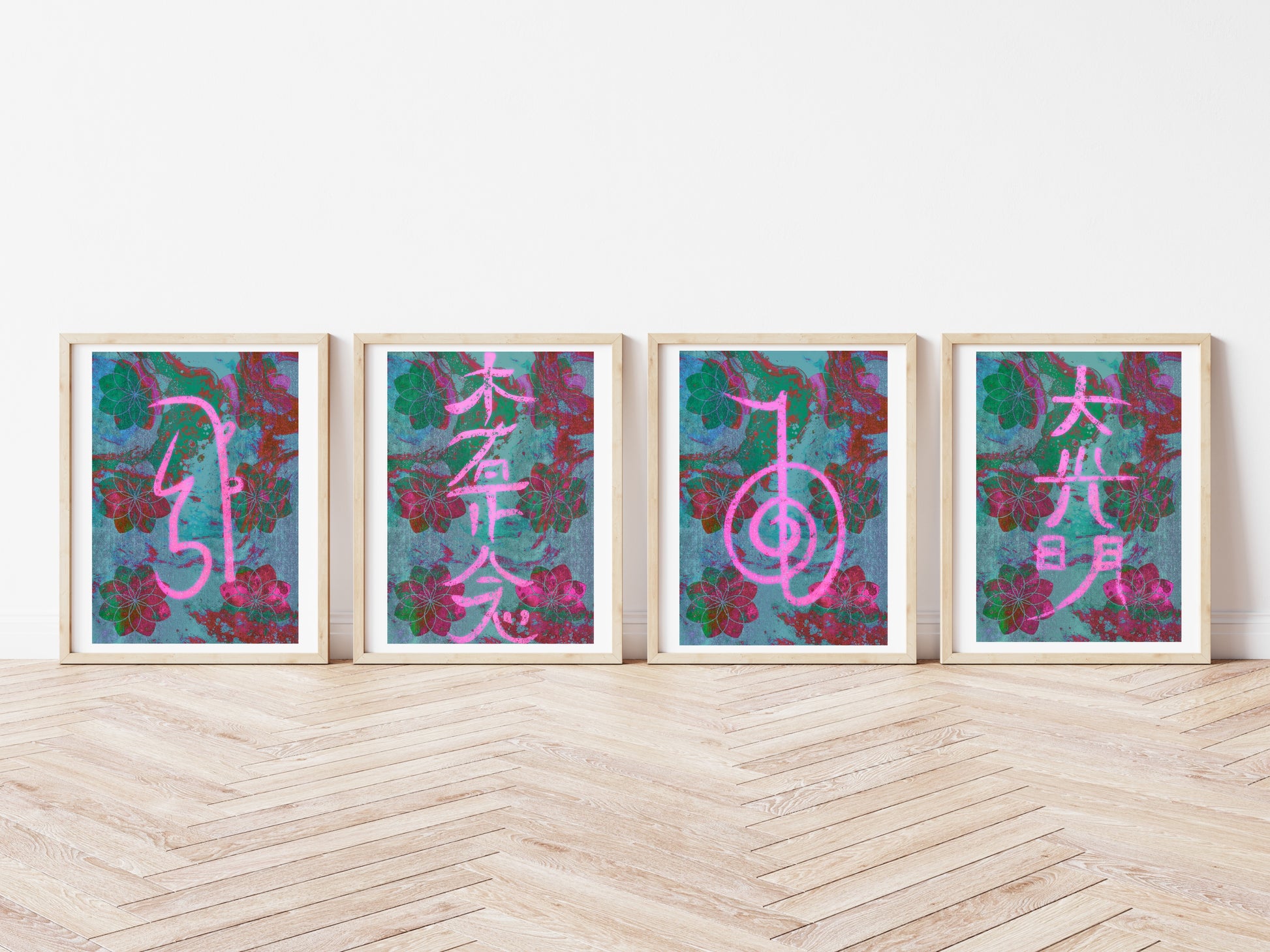 Set of four Reiki art prints, displayed in a frame, turquoise and pink  colour with flower of life in the background