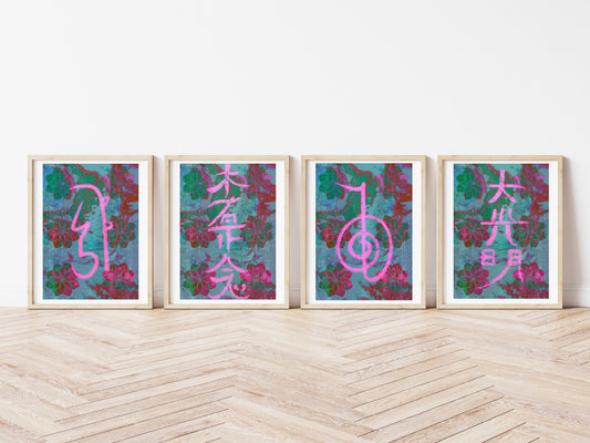 Set of four Reiki art prints, displayed in a frame, turquoise and pink  colour with flower of life in the background