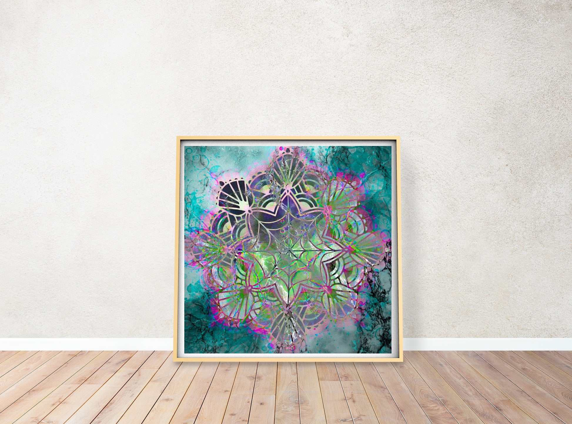 Mandala wall art, spiritual art print, teal and pink, displayed in square frame, Ascension digital fine art.