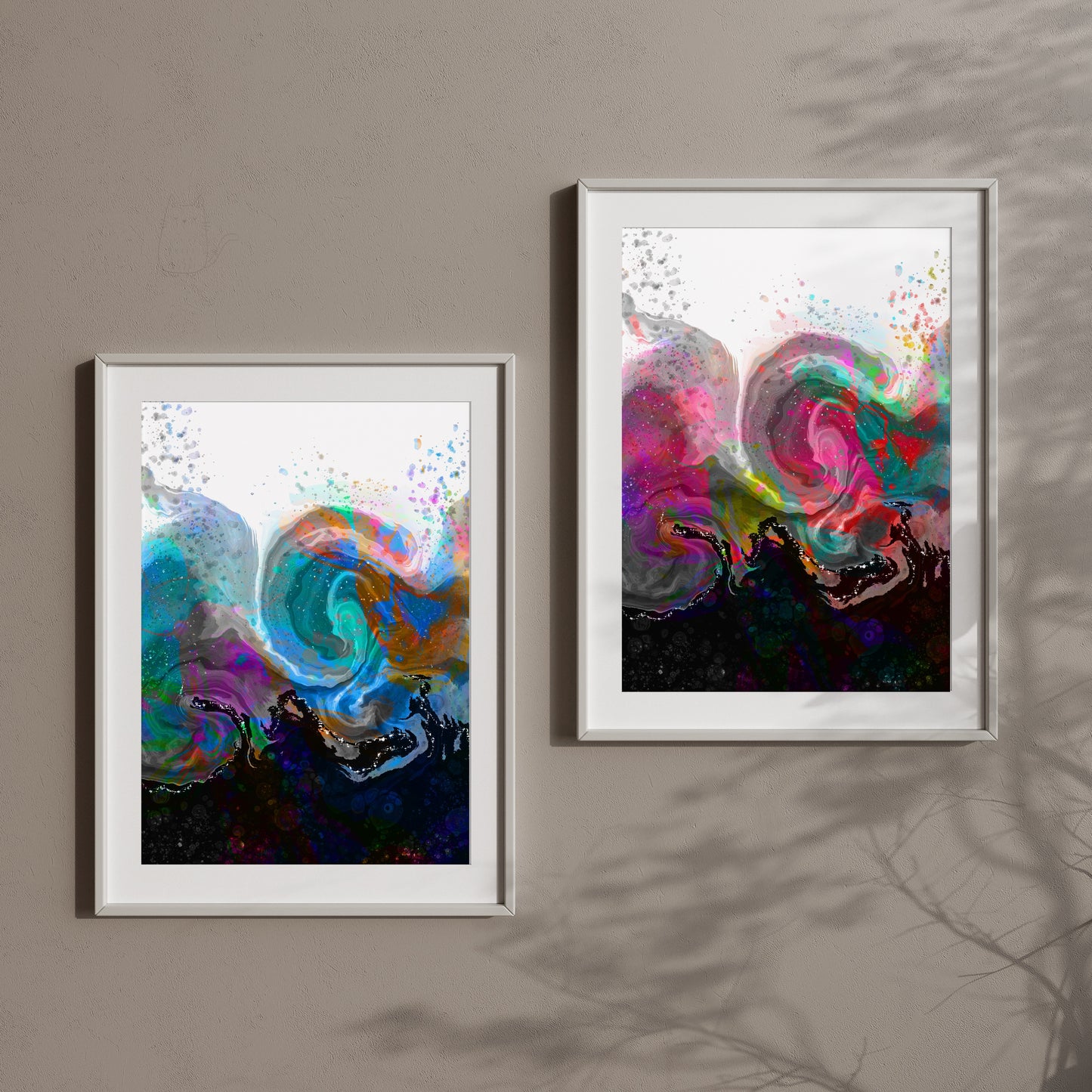 Coastal wall art, waves art print, vibrant colours, spiritual wall art, set of 2, displayed in frame, ascension digital fine art.