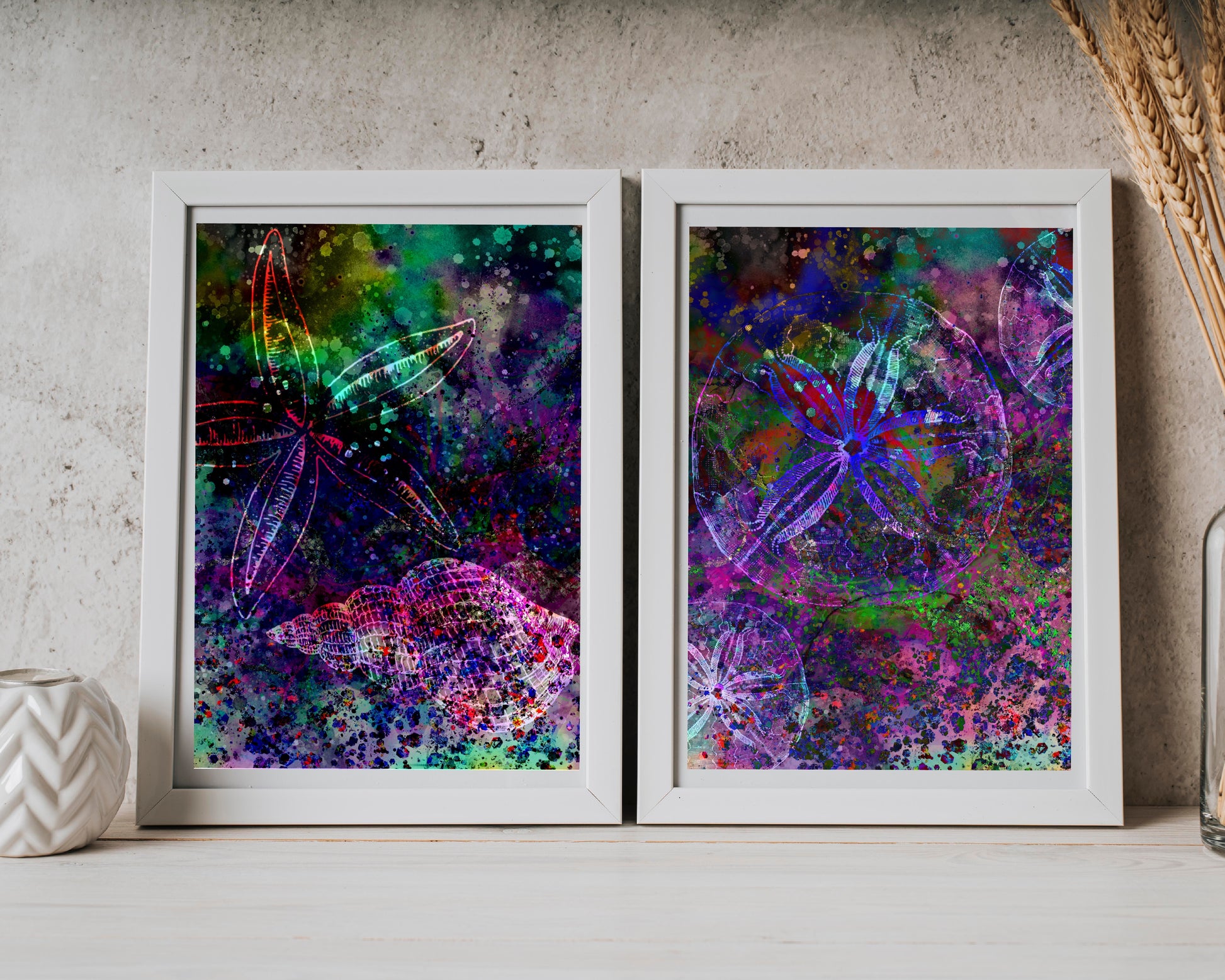 Coastal wall art, seashell art print, vibrant colours, spiritual wall art, set of 2, displayed in frame, ascension digital fine art.